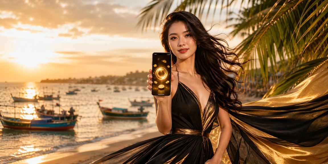 Người dùng tại bãi biển Mũi Né kiểm tra ưu đãi cashback và bonus trên điện thoại