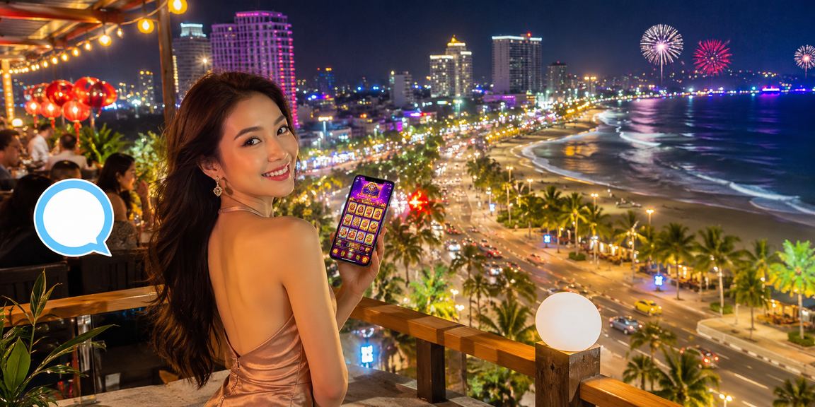 Màn hình slot game sáng rực trên bãi biển Nha Trang về đêm